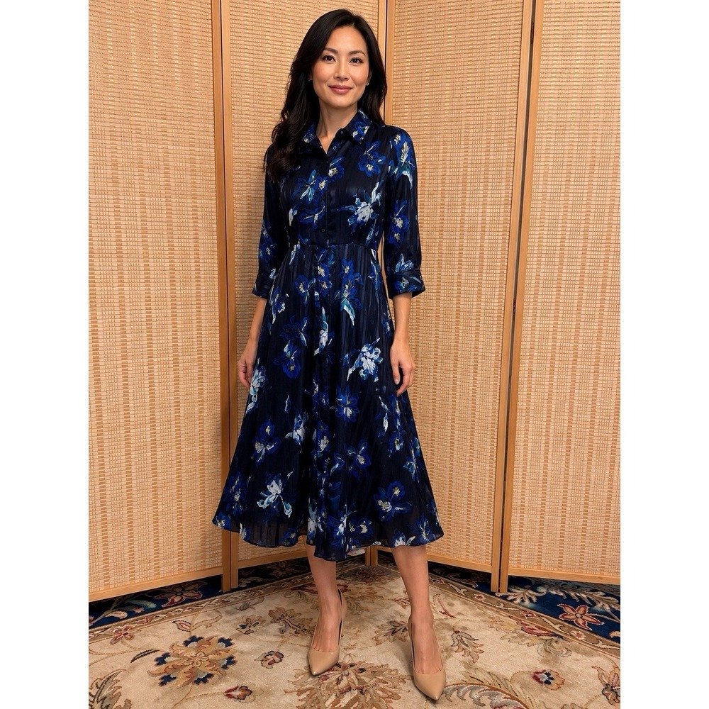 Banana Republic 2 Petite Blue Shirt Dress Button Preppy Midi 3/4 Sleeve FitFlare - Picture 13 of 13